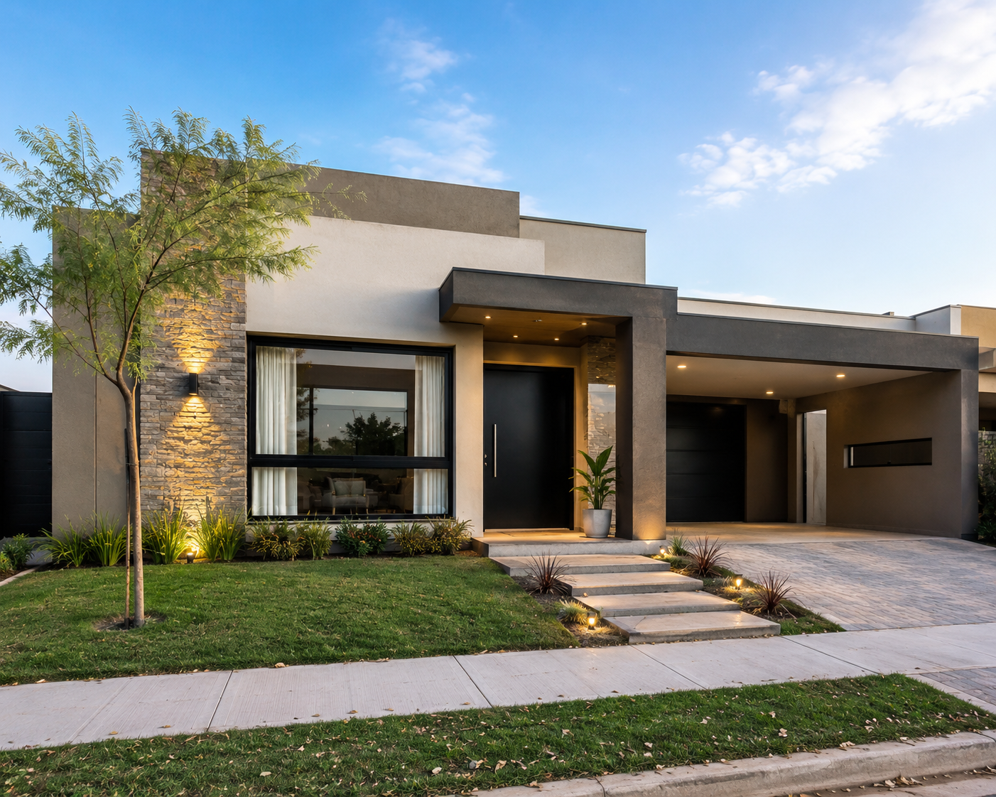 Fachada principal de casa moderna con jardín en Saladillo.